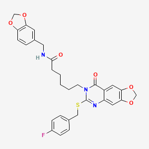 molecular formula C30H28FN3O6S B2731079 N-(1,3-benzodioxol-5-ylmethyl)-6-[6-[(4-fluorophenyl)methylsulfanyl]-8-oxo-[1,3]dioxolo[4,5-g]quinazolin-7-yl]hexanamide CAS No. 896682-02-3