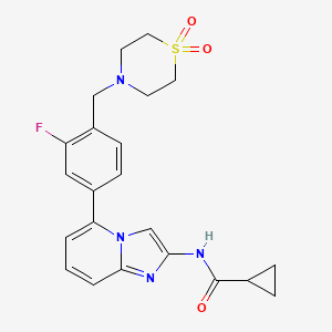 molecular formula C22H23FN4O3S B2731150 N-[5-[4-[(1,1-Dioxo-1,4-thiazinan-4-yl)methyl]-3-fluorophenyl]imidazo[1,2-a]pyridin-2-yl]cyclopropanecarboxamide CAS No. 1973485-18-5