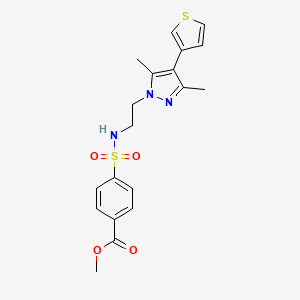 molecular formula C19H21N3O4S2 B2731178 对甲酯基 4-(N-(2-(3,5-二甲基-4-(噻吩-3-基)-1H-吡唑-1-基)乙基)磺酰基)苯甲酸酯 CAS No. 2034376-90-2
