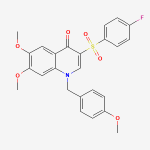 molecular formula C25H22FNO6S B2731232 3-(4-Fluorophenyl)sulfonyl-6,7-dimethoxy-1-[(4-methoxyphenyl)methyl]quinolin-4-one CAS No. 866810-37-9