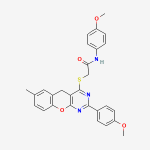 molecular formula C28H25N3O4S B2731242 N-(4-methoxyphenyl)-2-[[2-(4-methoxyphenyl)-7-methyl-5H-chromeno[2,3-d]pyrimidin-4-yl]sulfanyl]acetamide CAS No. 866340-80-9