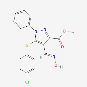 molecular formula C18H14ClN3O3S B2731323 methyl 5-[(4-chlorophenyl)sulfanyl]-4-[(hydroxyimino)methyl]-1-phenyl-1H-pyrazole-3-carboxylate CAS No. 318237-99-9
