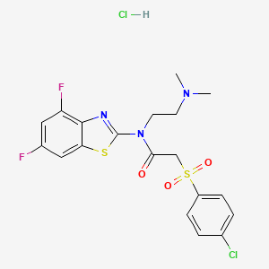 molecular formula C19H19Cl2F2N3O3S2 B2731384 2-((4-chlorophenyl)sulfonyl)-N-(4,6-difluorobenzo[d]thiazol-2-yl)-N-(2-(dimethylamino)ethyl)acetamide hydrochloride CAS No. 1216445-85-0