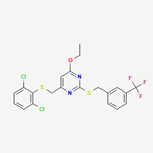 molecular formula C21H17Cl2F3N2OS2 B2731478 4-{[(2,6-Dichlorophenyl)sulfanyl]methyl}-6-ethoxy-2-{[3-(trifluoromethyl)benzyl]sulfanyl}pyrimidine CAS No. 341965-26-2