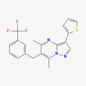 molecular formula C20H16F3N3S B2731508 5,7-二甲基-3-噻吩-2-基-6-[[3-(三氟甲基)苯基]甲基]吡唑并[1,5-a]嘧啶 CAS No. 900014-82-6