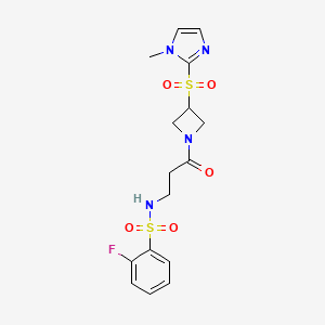 molecular formula C16H19FN4O5S2 B2731552 2-氟-N-(3-(3-((1-甲基-1H-咪唑-2-基)磺酰)氮杂环丁烷-1-基)-3-氧代丙基)苯磺酰胺 CAS No. 2034523-15-2
