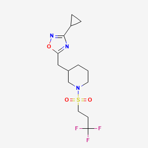 molecular formula C14H20F3N3O3S B2731554 3-Cyclopropyl-5-((1-((3,3,3-trifluoropropyl)sulfonyl)piperidin-3-yl)methyl)-1,2,4-oxadiazole CAS No. 1705941-93-0
