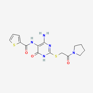 molecular formula C15H17N5O3S2 B2731580 N-(4-氨基-6-氧代-2-((2-氧代-2-(吡咯啉-1-基)乙基)硫)-1,6-二氢嘧啶-5-基)噻吩-2-甲酰胺 CAS No. 868225-30-3