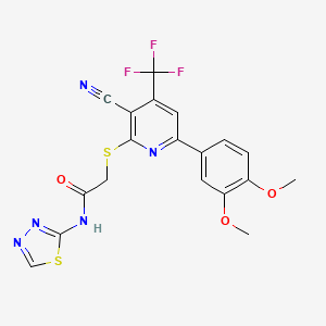 B2731582 2-[3-cyano-6-(3,4-dimethoxyphenyl)-4-(trifluoromethyl)pyridin-2-yl]sulfanyl-N-(1,3,4-thiadiazol-2-yl)acetamide CAS No. 625378-03-2