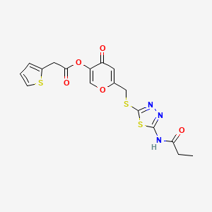 molecular formula C17H15N3O5S3 B2731678 4-oxo-6-(((5-propionamido-1,3,4-thiadiazol-2-yl)thio)methyl)-4H-pyran-3-yl 2-(thiophen-2-yl)acetate CAS No. 896007-37-7