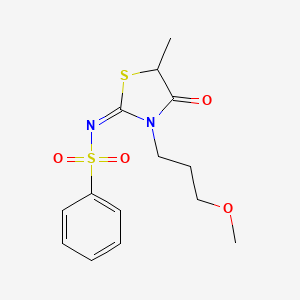 molecular formula C14H18N2O4S2 B2731728 (E)-N-(3-(3-methoxypropyl)-5-methyl-4-oxothiazolidin-2-ylidene)benzenesulfonamide CAS No. 630091-21-3