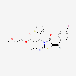 molecular formula C22H19FN2O4S2 B2731749 2-Methoxyethyl 2-(4-fluorobenzylidene)-7-methyl-3-oxo-5-(thiophen-2-yl)-3,5-dihydro-2H-thiazolo[3,2-a]pyrimidine-6-carboxylate CAS No. 617698-66-5