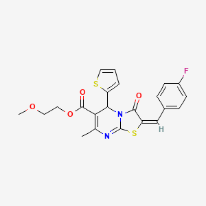 molecular formula C22H19FN2O4S2 B2731749 2-甲氧基乙基 2-(4-氟苯甲亚甲基)-7-甲基-3-氧代-5-(噻吩-2-基)-3,5-二氢-2H-噻唑并[3,2-a]嘧啶-6-羧酸酯 CAS No. 617698-66-5