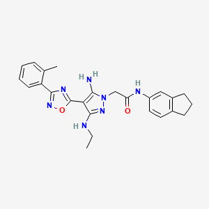 molecular formula C25H27N7O2 B2731867 2-(5-amino-3-(ethylamino)-4-(3-(o-tolyl)-1,2,4-oxadiazol-5-yl)-1H-pyrazol-1-yl)-N-(2,3-dihydro-1H-inden-5-yl)acetamide CAS No. 1172377-24-0