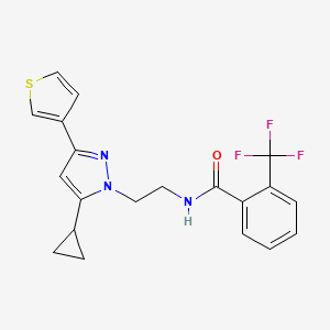 molecular formula C20H18F3N3OS B2731884 N-(2-(5-cyclopropyl-3-(thiophen-3-yl)-1H-pyrazol-1-yl)ethyl)-2-(trifluoromethyl)benzamide CAS No. 2034235-22-6