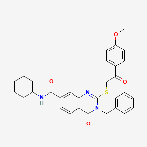 molecular formula C31H31N3O4S B2731960 3-benzyl-N-cyclohexyl-2-((2-(4-methoxyphenyl)-2-oxoethyl)thio)-4-oxo-3,4-dihydroquinazoline-7-carboxamide CAS No. 1113134-97-6