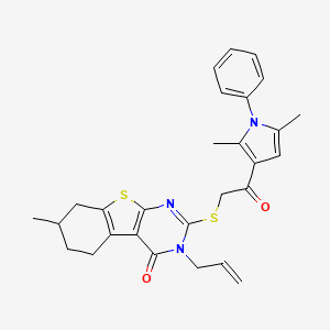 molecular formula C28H29N3O2S2 B2731966 2-[2-(2,5-Dimethyl-1-phenylpyrrol-3-yl)-2-oxoethyl]sulfanyl-7-methyl-3-prop-2-enyl-5,6,7,8-tetrahydro-[1]benzothiolo[2,3-d]pyrimidin-4-one CAS No. 315685-65-5