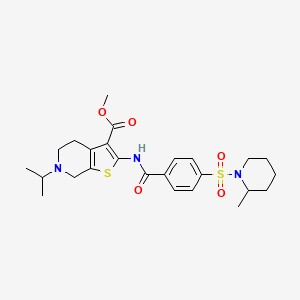 molecular formula C25H33N3O5S2 B2732024 Methyl 6-isopropyl-2-(4-((2-methylpiperidin-1-yl)sulfonyl)benzamido)-4,5,6,7-tetrahydrothieno[2,3-c]pyridine-3-carboxylate CAS No. 449768-01-8