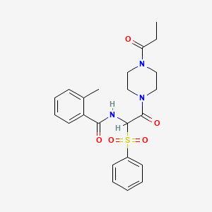 molecular formula C23H27N3O5S B2732026 2-methyl-N-(2-oxo-1-(phenylsulfonyl)-2-(4-propionylpiperazin-1-yl)ethyl)benzamide CAS No. 1032171-87-1