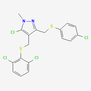 molecular formula C18H14Cl4N2S2 B2732104 (5-氯-3-{[(4-氯苯基)硫代甲基]-1-甲基-1H-吡唑-4-基}甲基 2,6-二氯苯基硫代 CAS No. 318234-30-9