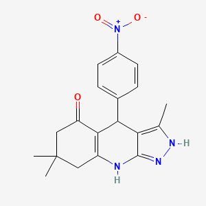 molecular formula C19H20N4O3 B2732117 3,7,7-三甲基-4-(4-硝基苯基)-2,4,6,7,8,9-六氢-5H-吡唑并[3,4-b]喹啉-5-酮 CAS No. 370588-25-3