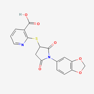 molecular formula C17H12N2O6S B2732126 2-((1-(Benzo[d][1,3]dioxol-5-yl)-2,5-dioxopyrrolidin-3-yl)thio)nicotinic acid CAS No. 685130-32-9
