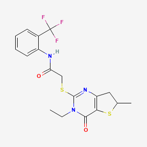 molecular formula C18H18F3N3O2S2 B2732260 2-[(3-ethyl-6-methyl-4-oxo-6,7-dihydrothieno[3,2-d]pyrimidin-2-yl)sulfanyl]-N-[2-(trifluoromethyl)phenyl]acetamide CAS No. 851409-29-5