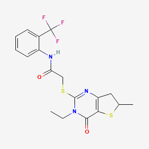 molecular formula C18H18F3N3O2S2 B2732260 2-({3-ethyl-6-methyl-4-oxo-3H,4H,6H,7H-thieno[3,2-d]pyrimidin-2-yl}sulfanyl)-N-[2-(trifluoromethyl)phenyl]acetamide CAS No. 851409-29-5