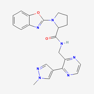 molecular formula C21H21N7O2 B2732268 1-(benzo[d]oxazol-2-yl)-N-((3-(1-methyl-1H-pyrazol-4-yl)pyrazin-2-yl)methyl)pyrrolidine-2-carboxamide CAS No. 2034204-40-3
