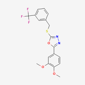 molecular formula C18H15F3N2O3S B2732280 2-(3,4-Dimethoxyphenyl)-5-((3-(trifluoromethyl)benzyl)thio)-1,3,4-oxadiazole CAS No. 1171787-77-1