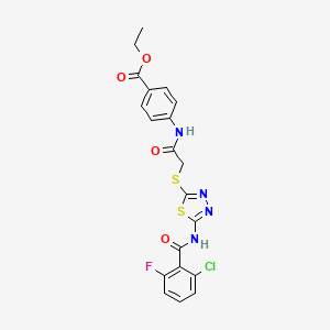 molecular formula C20H16ClFN4O4S2 B2732403 Ethyl 4-(2-((5-(2-chloro-6-fluorobenzamido)-1,3,4-thiadiazol-2-yl)thio)acetamido)benzoate CAS No. 391874-53-6