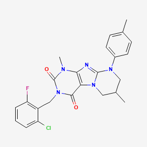 molecular formula C24H23ClFN5O2 B2732429 3-[(2-chloro-6-fluorophenyl)methyl]-1,7-dimethyl-9-(4-methylphenyl)-7,8-dihydro-6H-purino[7,8-a]pyrimidine-2,4-dione CAS No. 845900-13-2