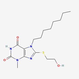 molecular formula C16H26N4O3S B2732643 8-(2-Hydroxyethylsulfanyl)-3-methyl-7-octylpurine-2,6-dione CAS No. 316361-61-2