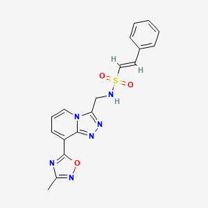 molecular formula C18H16N6O3S B2732653 (E)-N-((8-(3-methyl-1,2,4-oxadiazol-5-yl)-[1,2,4]triazolo[4,3-a]pyridin-3-yl)methyl)-2-phenylethenesulfonamide CAS No. 2035019-23-7