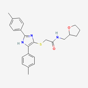 molecular formula C24H27N3O2S B2732669 2-{[2,5-bis(4-methylphenyl)-1H-imidazol-4-yl]thio}-N-(tetrahydrofuran-2-ylmethyl)acetamide CAS No. 901231-84-3