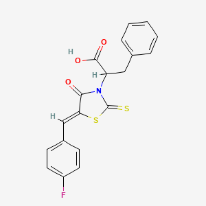molecular formula C19H14FNO3S2 B2732743 2-[(5Z)-5-[(4-fluorophenyl)methylidene]-4-oxo-2-sulfanylidene-1,3-thiazolidin-3-yl]-3-phenylpropanoic acid CAS No. 301687-67-2