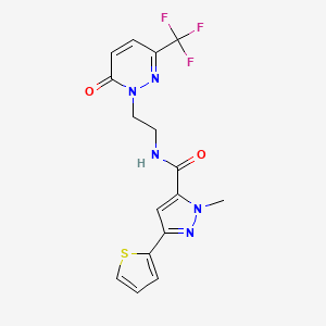 molecular formula C16H14F3N5O2S B2732746 2-Methyl-N-[2-[6-oxo-3-(trifluoromethyl)pyridazin-1-yl]ethyl]-5-thiophen-2-ylpyrazole-3-carboxamide CAS No. 2415541-17-0
