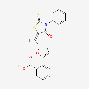 molecular formula C21H13NO4S2 B2732748 (E)-2-(5-((4-oxo-3-phenyl-2-thioxothiazolidin-5-ylidene)methyl)furan-2-yl)benzoic acid CAS No. 387873-79-2