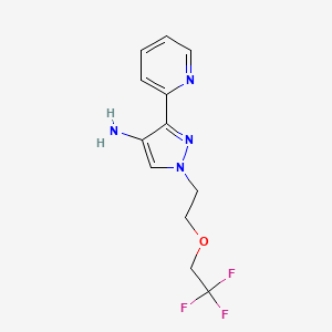 molecular formula C12H13F3N4O B2732802 3-Pyridin-2-yl-1-[2-(2,2,2-trifluoroethoxy)ethyl]pyrazol-4-amine CAS No. 2247102-36-7