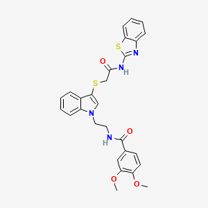 molecular formula C28H26N4O4S2 B2732819 N-(2-(3-((2-(benzo[d]thiazol-2-ylamino)-2-oxoethyl)thio)-1H-indol-1-yl)ethyl)-3,4-dimethoxybenzamide CAS No. 533867-40-2