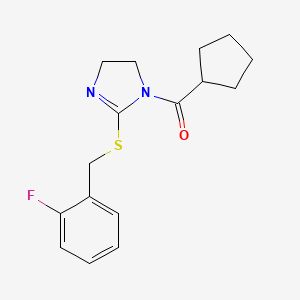 molecular formula C16H19FN2OS B2732829 Cyclopentyl-[2-[(2-fluorophenyl)methylsulfanyl]-4,5-dihydroimidazol-1-yl]methanone CAS No. 851806-66-1