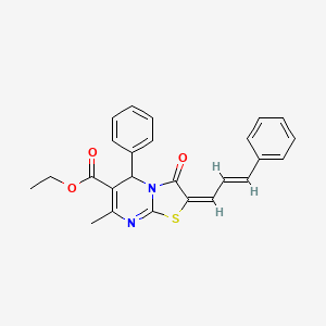 molecular formula C25H22N2O3S B2732830 (E)-ethyl 7-methyl-3-oxo-5-phenyl-2-((E)-3-phenylallylidene)-3,5-dihydro-2H-thiazolo[3,2-a]pyrimidine-6-carboxylate CAS No. 313965-72-9