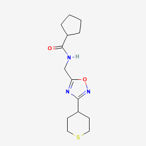 molecular formula C14H21N3O2S B2732833 N-((3-(tetrahydro-2H-thiopyran-4-yl)-1,2,4-oxadiazol-5-yl)methyl)cyclopentanecarboxamide CAS No. 2034292-55-0