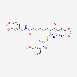 molecular formula C32H32N4O8S B2732844 N-(1,3-benzodioxol-5-ylmethyl)-6-[6-({2-[(3-methoxyphenyl)amino]-2-oxoethyl}thio)-8-oxo[1,3]dioxolo[4,5-g]quinazolin-7(8H)-yl]hexanamide CAS No. 688061-37-2