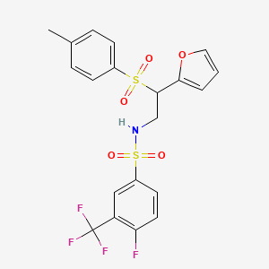 molecular formula C20H17F4NO5S2 B2732917 4-fluoro-N-(2-(furan-2-yl)-2-tosylethyl)-3-(trifluoromethyl)benzenesulfonamide CAS No. 896325-10-3