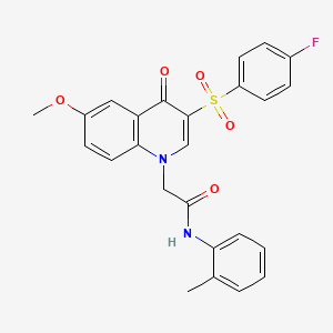 molecular formula C25H21FN2O5S B2732930 2-[3-(4-fluorophenyl)sulfonyl-6-methoxy-4-oxoquinolin-1-yl]-N-(2-methylphenyl)acetamide CAS No. 866808-71-1