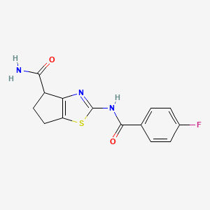 molecular formula C14H12FN3O2S B2732984 2-(4-fluorobenzamido)-5,6-dihydro-4H-cyclopenta[d]thiazole-4-carboxamide CAS No. 955717-72-3