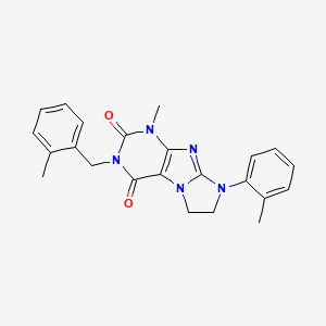 molecular formula C23H23N5O2 B2733073 1-Methyl-8-(2-methylphenyl)-3-[(2-methylphenyl)methyl]-1,3,5-trihydroimidazoli dino[1,2-h]purine-2,4-dione CAS No. 893963-67-2