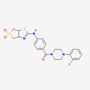molecular formula C22H23FN4O3S2 B2733089 (4-((5,5-Dioxido-3a,4,6,6a-tetrahydrothieno[3,4-d]thiazol-2-yl)amino)phenyl)(4-(2-fluorophenyl)piperazin-1-yl)methanone CAS No. 866865-12-5