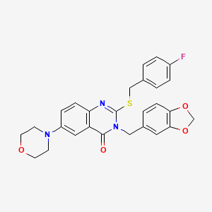 molecular formula C27H24FN3O4S B2733104 3-(1,3-Benzodioxol-5-ylmethyl)-2-[(4-fluorophenyl)methylsulfanyl]-6-morpholin-4-ylquinazolin-4-one CAS No. 896683-67-3